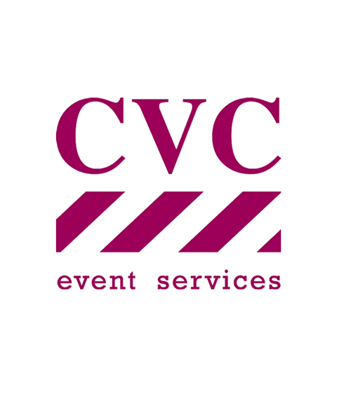 ogo for CVC Event Services featuring the letters 'CVC' in bold maroon above three diagonal maroon stripes, with the words 'event services' in lowercase maroon text below.