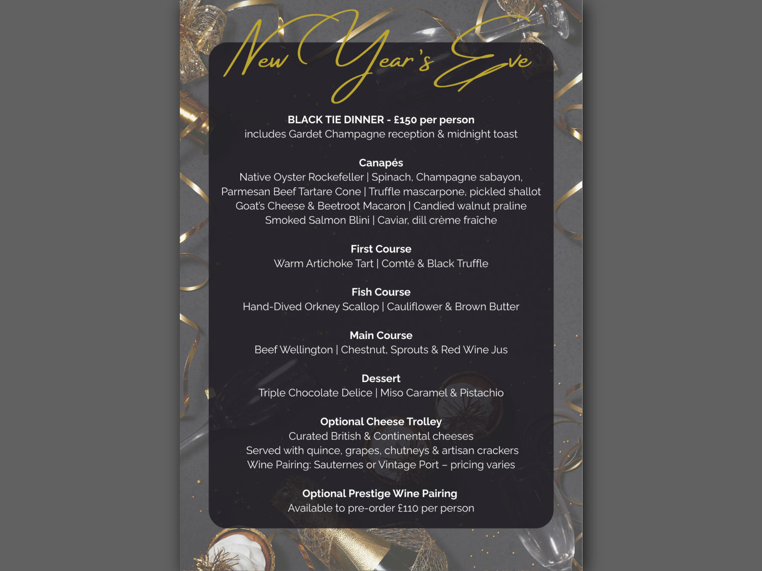 New Year’s Eve black tie dinner menu on a dark background with gold accents. Title reads “New Year’s Eve” in elegant yellow script. Menu includes: Gardet Champagne reception and midnight toast; Canapés (oyster Rockefeller, beef tartare, smoked salmon blini, etc.); Artichoke tart first course; Orkney scallop fish course; Beef Wellington main; Triple chocolate dessert; Optional cheese trolley and wine pairing details with prices.