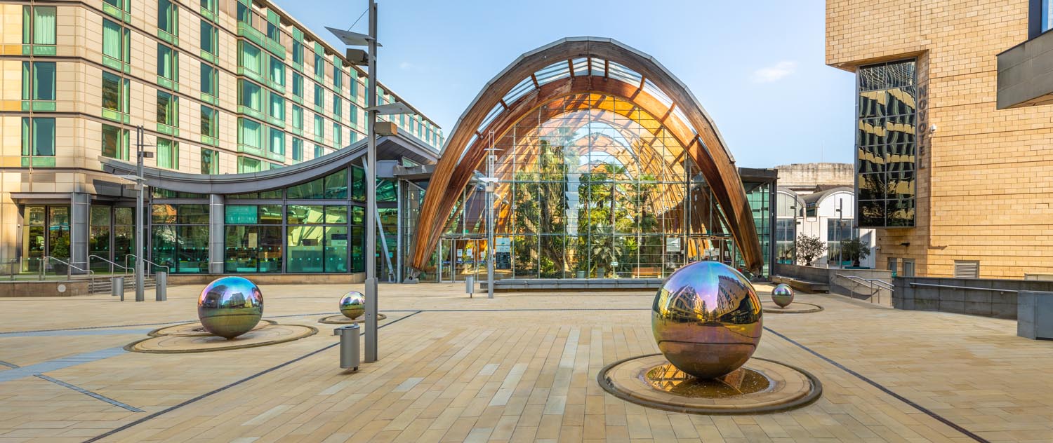 A view of the outside of the Sheffield Winter Garden seen from Millennium Square.