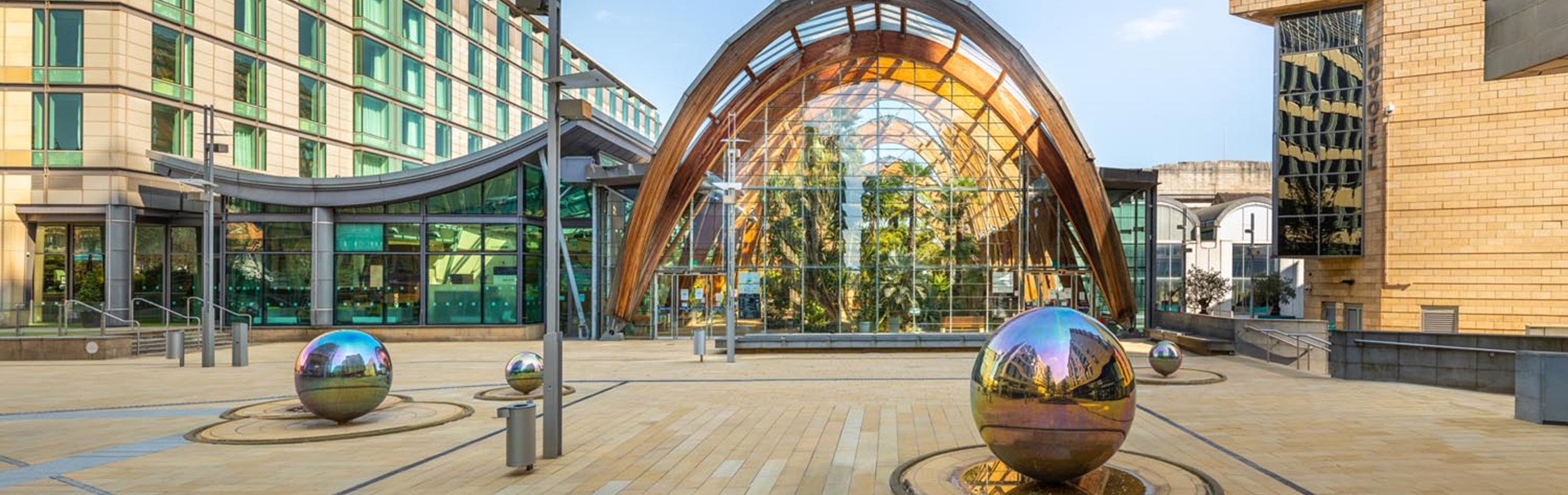 A view of the outside of the Sheffield Winter Garden seen from Millennium Square.