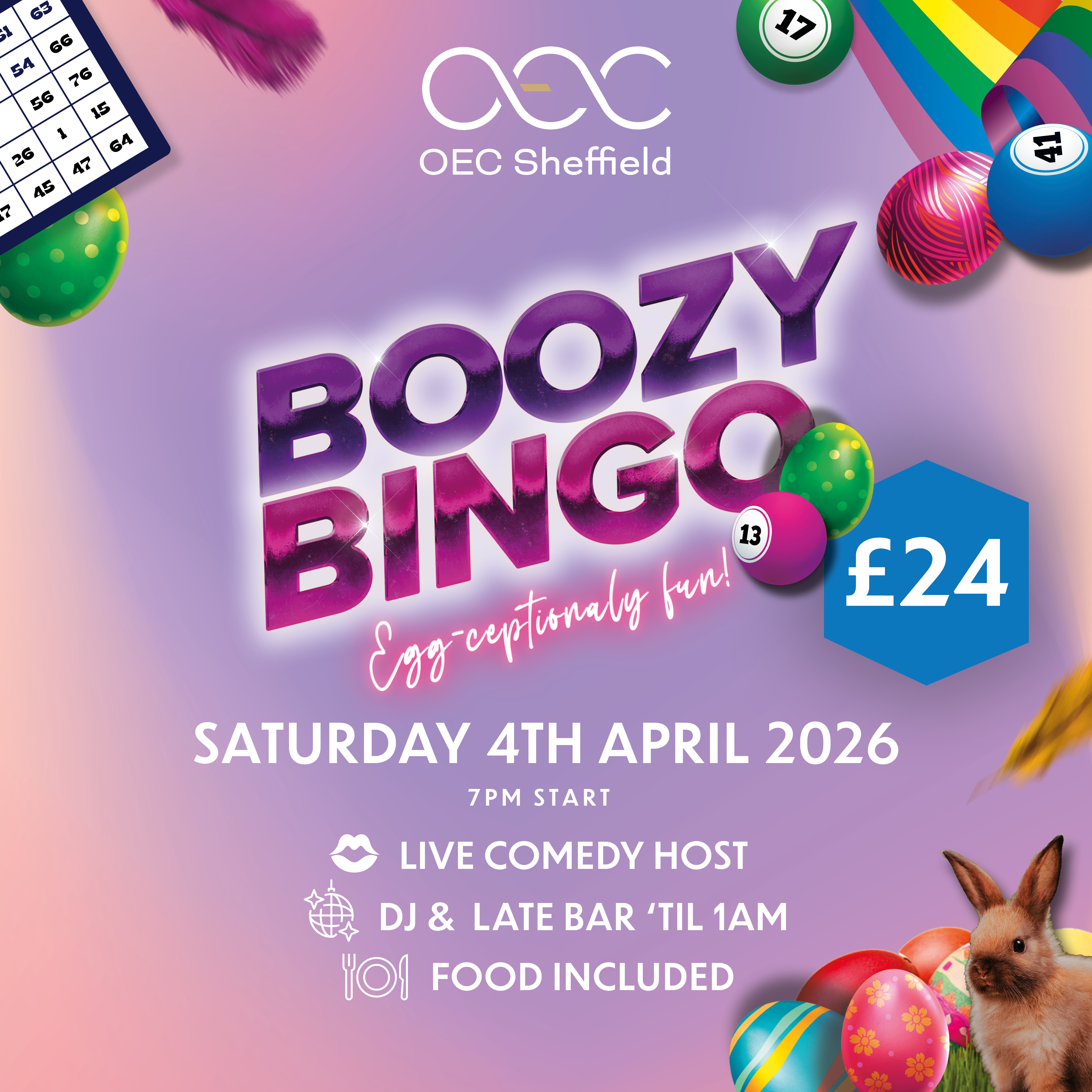 Poster for the event with rabbits, Easter eggs and bingo balls.
