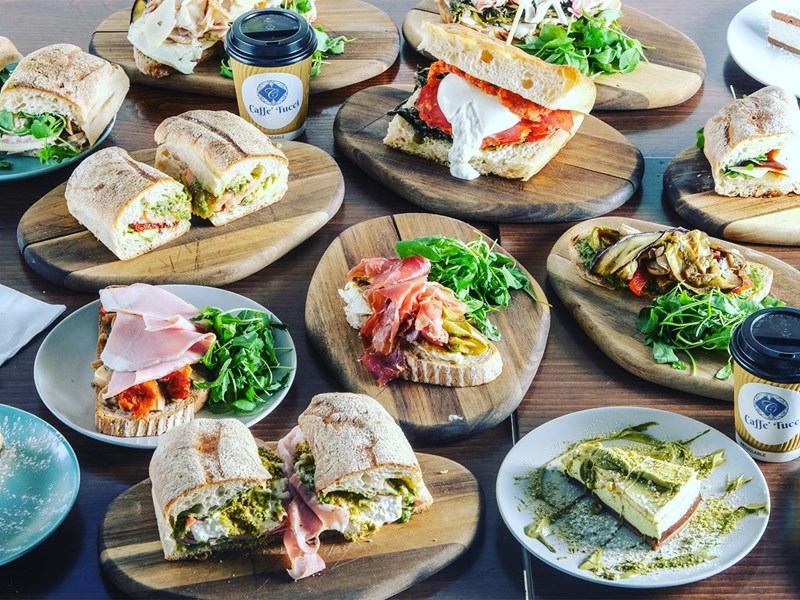 A spread of all different types of food available from  Caffè Tucci.