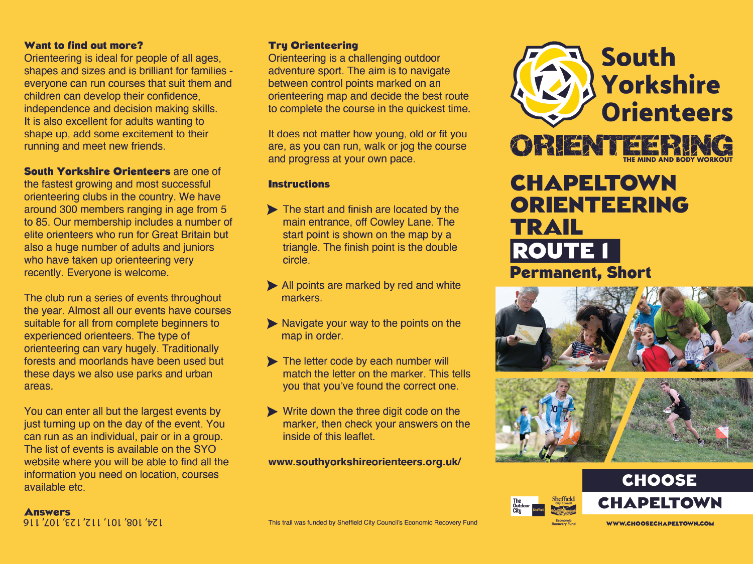 Informational leaflet for South Yorkshire Orienteers promoting Chapeltown Orienteering Trail Route 1. The design features a yellow background with black and blue text, instructions for the trail, and details about orienteering benefits. Includes the South Yorkshire Orienteers logo, website link, and images of people participating in outdoor activities like map reading and running.
