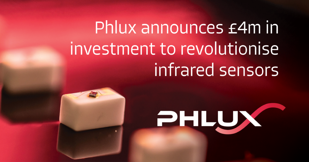 Close-up of small infrared sensor components on a glossy red surface with text overlay reading “Phlux announces £4m in investment to revolutionise infrared sensors.” The Phlux logo appears prominently in white and pink at the bottom right, highlighting the company’s branding and focus on advanced infrared technology.