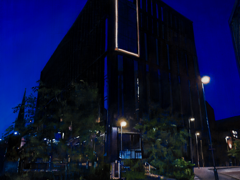 A painting of a building at night.