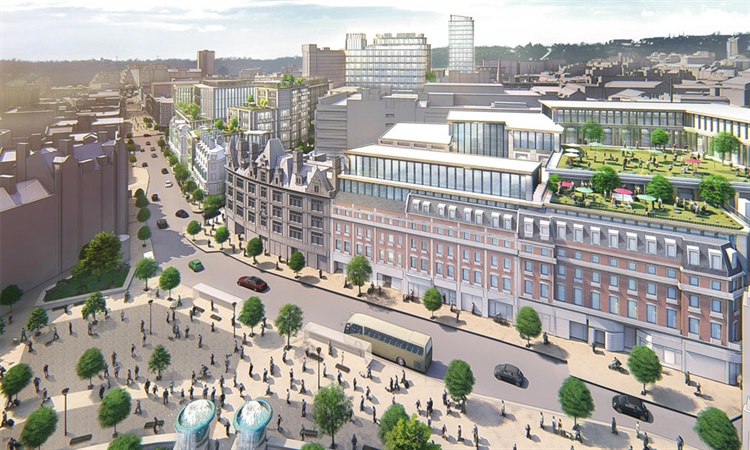 A computer generated image of Pinstone Street in Sheffield, focsing ob the Radison Blu hotel.