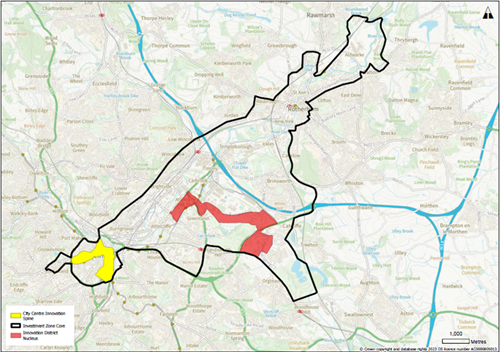 Map showing a city area outlined in black with highlighted zones: a yellow section labeled ‘City Centre Innovation,’ two red areas marked as ‘Investment Zone Core,’ and a green section marked as ‘Investment District.’ The map includes roads, rivers, and surrounding neighbourhoods