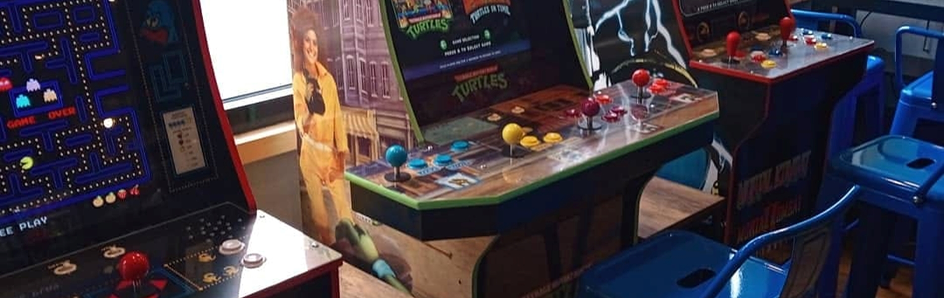 Video cabinets at the Extra Life Gaming Lounge.