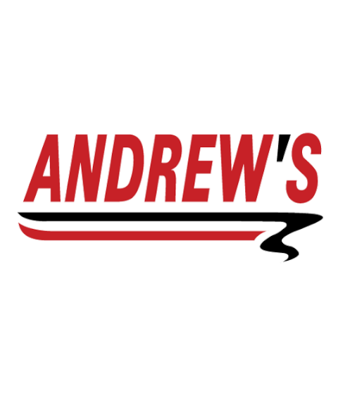 "Logo for Andrew's featuring the word 'ANDREW'S' in bold red uppercase letters with a black and red swoosh underline that curves upward on the right