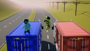 A screen shot of computer graphics showing two figures on top of two trucks that are driving down a road.