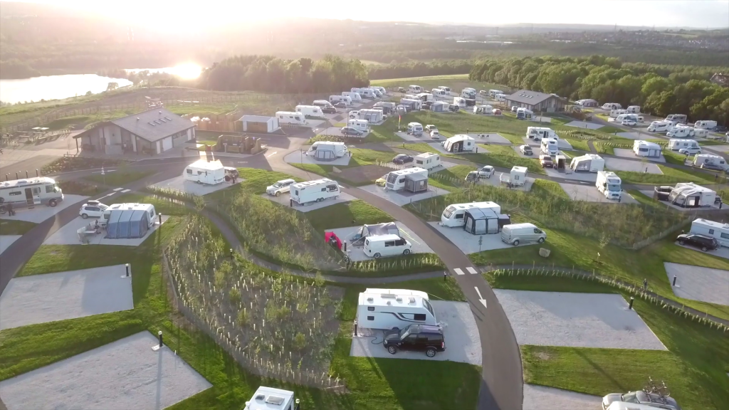 Aerial view of Waleswood Caravan and Camping Park showing caravans, camping pitches, and surrounding countryside.
