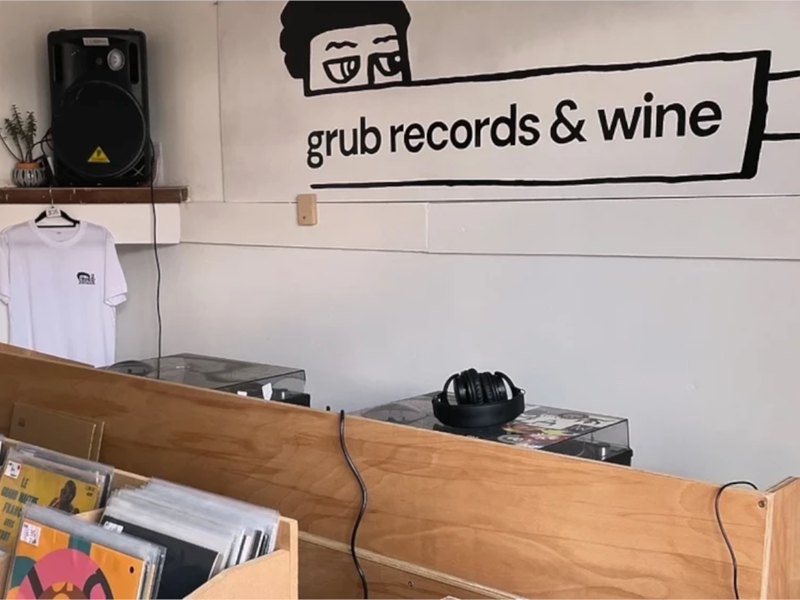 The interior of Grub Records, with LP racks lining the walls.