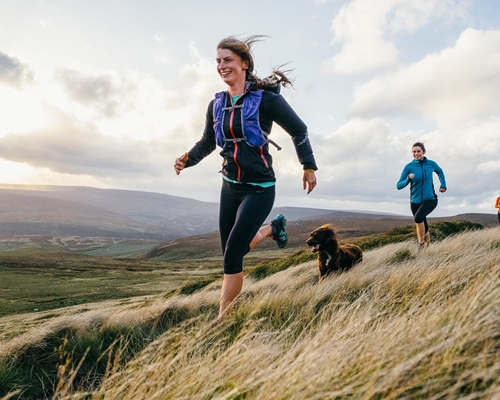 Three people are running in the countryside with their dog.
