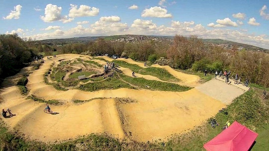 Overhead view of Bolehills BMX Track on a sunny day.