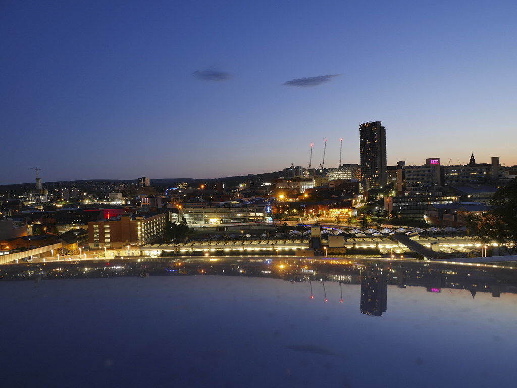 The Sheffield skyline at night.
