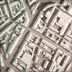 An architects model of city buildings, seen from above.