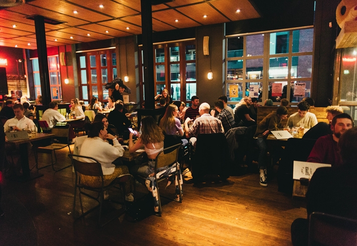 Bungalows & Bears at night, full of customers.