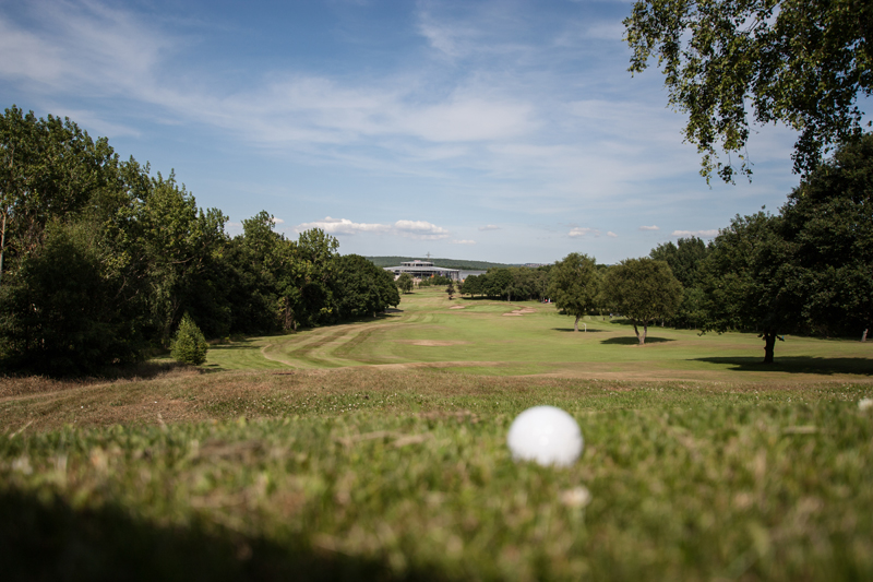 A golf ball sat on the grass on a golf course with the Advanced Manufacturing Research Centre in the distance.  