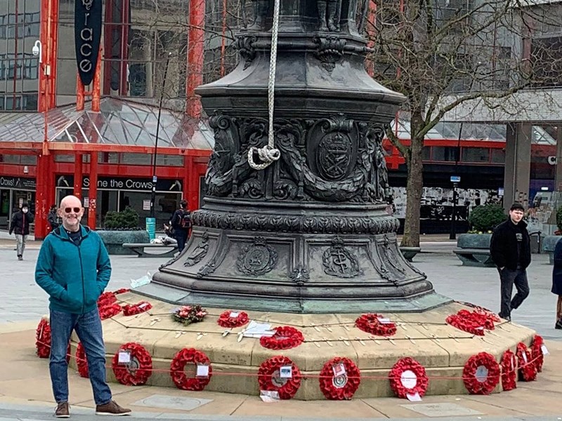 A photo of the Steel City Walking guide in Barkers Pool, Sheffield.