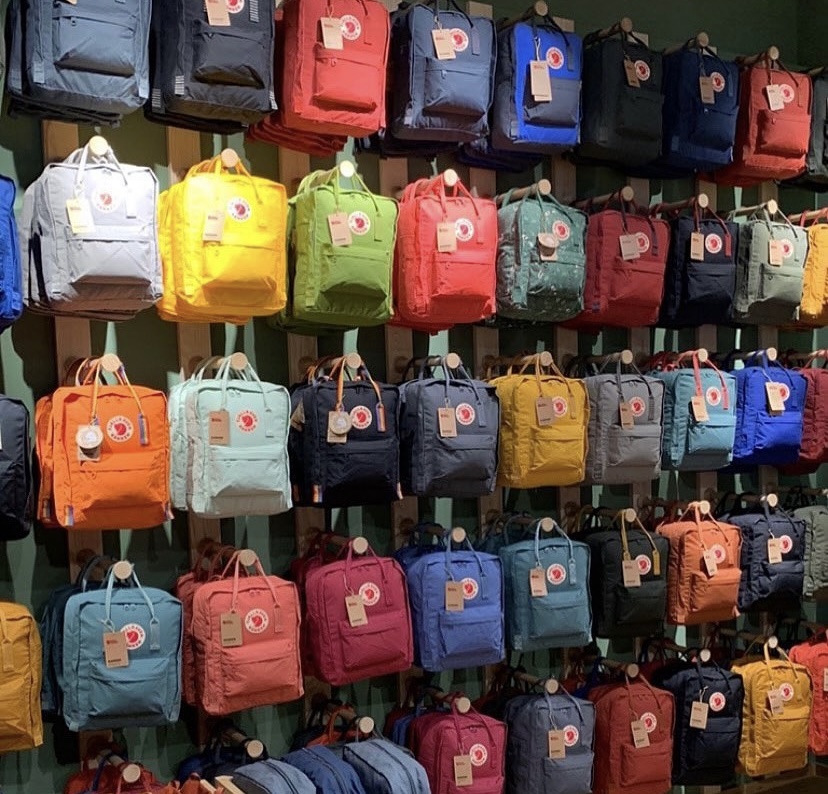 A huge wall display of Kånken bags at the Fjallraven store in Sheffield.