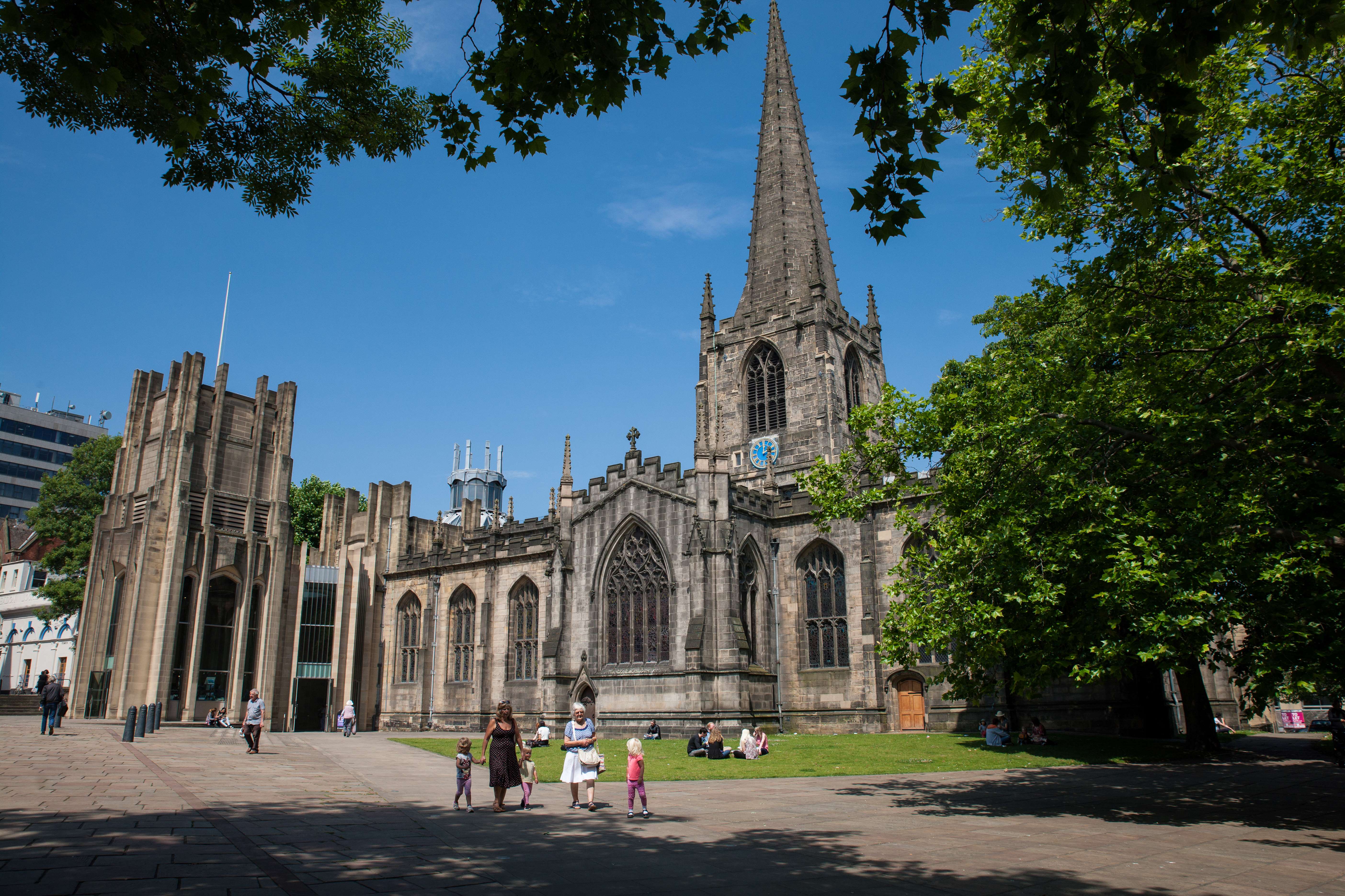 The exterior of Sheffield Cathedral on a bright sunny day.