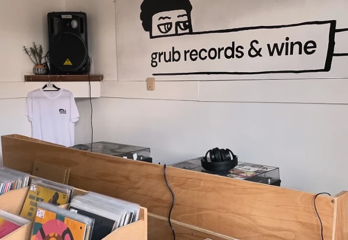 The interior of Grub Records, with LP racks lining the walls.