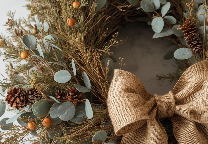 A dried Christmas wreath made with mixed foliage. Image Credit:  Rosalia in Bloom