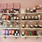 Shelving filled with various chocolates, lollies and treats for sale at Sorrel's Cocoa Bakery.