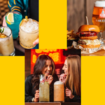 A collage of three images, one shows a close-up of three hands holding three cocktails, one shows two women smiling with two cocktails and the last shows a large hamburger, a bowl of french fries and a glass of beer.