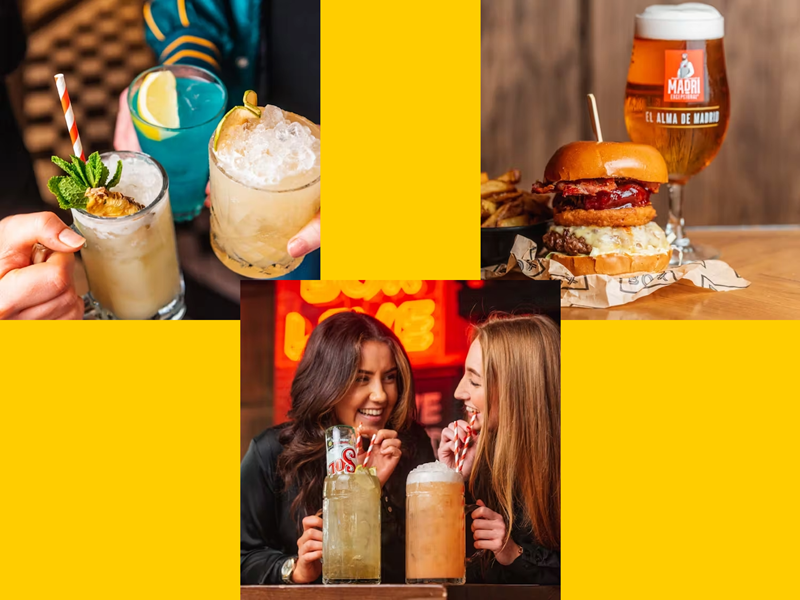A collage of three images, one shows a close-up of three hands holding three cocktails, one shows two women smiling with two cocktails and the last shows a large hamburger, a bowl of french fries and a glass of beer.