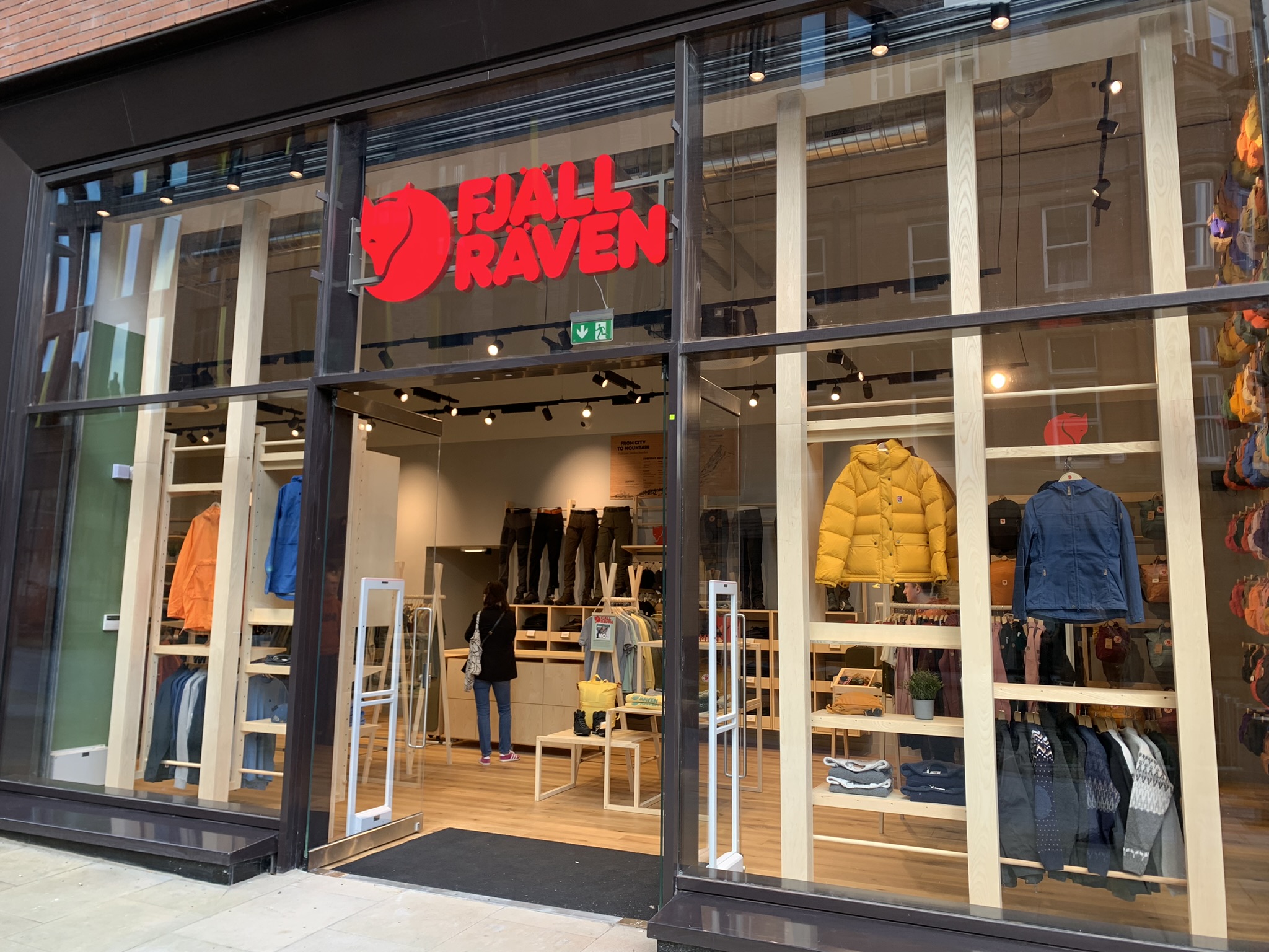 The entrance and window displays at the Fjallraven store in Sheffield.