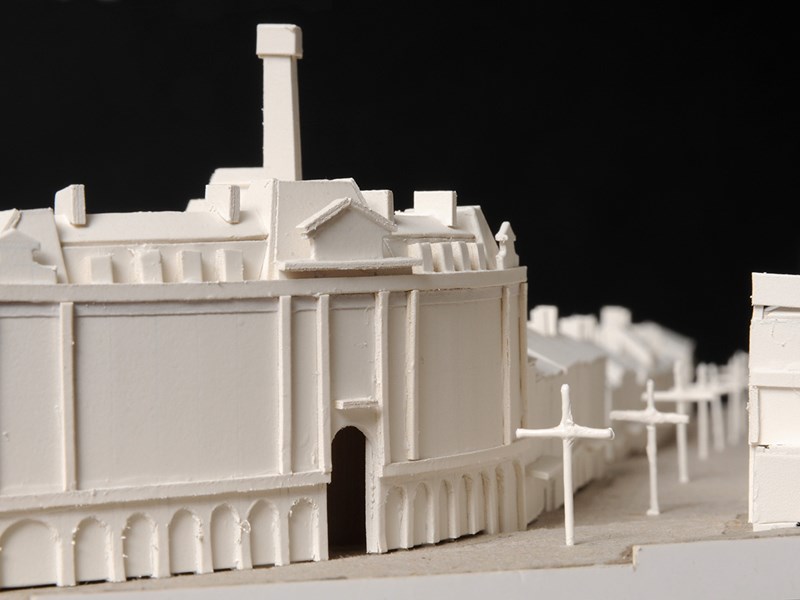 An architects model of city buildings.