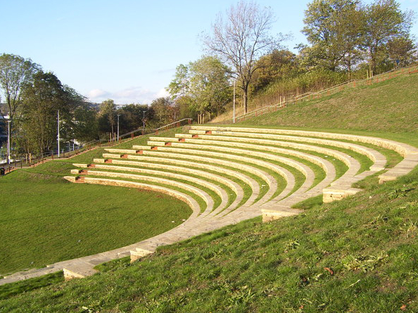 The teared seating at South Street Park Amphitheatre. 