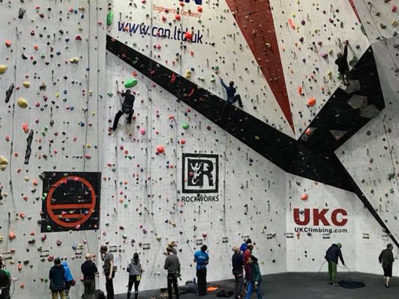 A big climbing wall at Awesome Walls Climbing Centre Sheffield.
