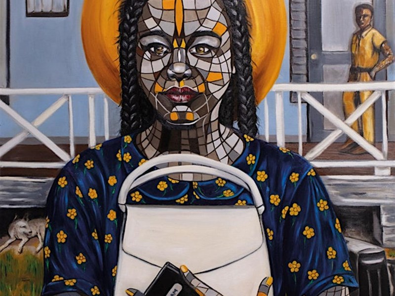 A painting of a woman of African heritage, holding a white handbag to her chest, in front of a pale blue building with a veranda.
