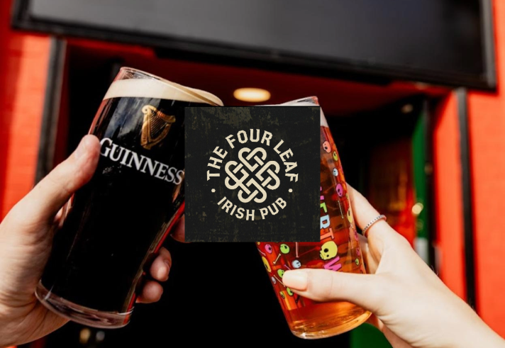 The Four Leaf Irish Bar & Kitchen logo over a photo of a pint of beer and a pint of Guinness being clinked together. 