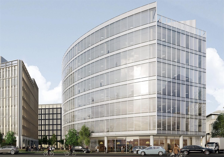 A computer generated image of a large multi storie building, that looks like it is made from glass.