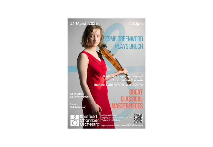 Poster for the event, listing the details, and a photo of Esme Greenwood posing with her violin.