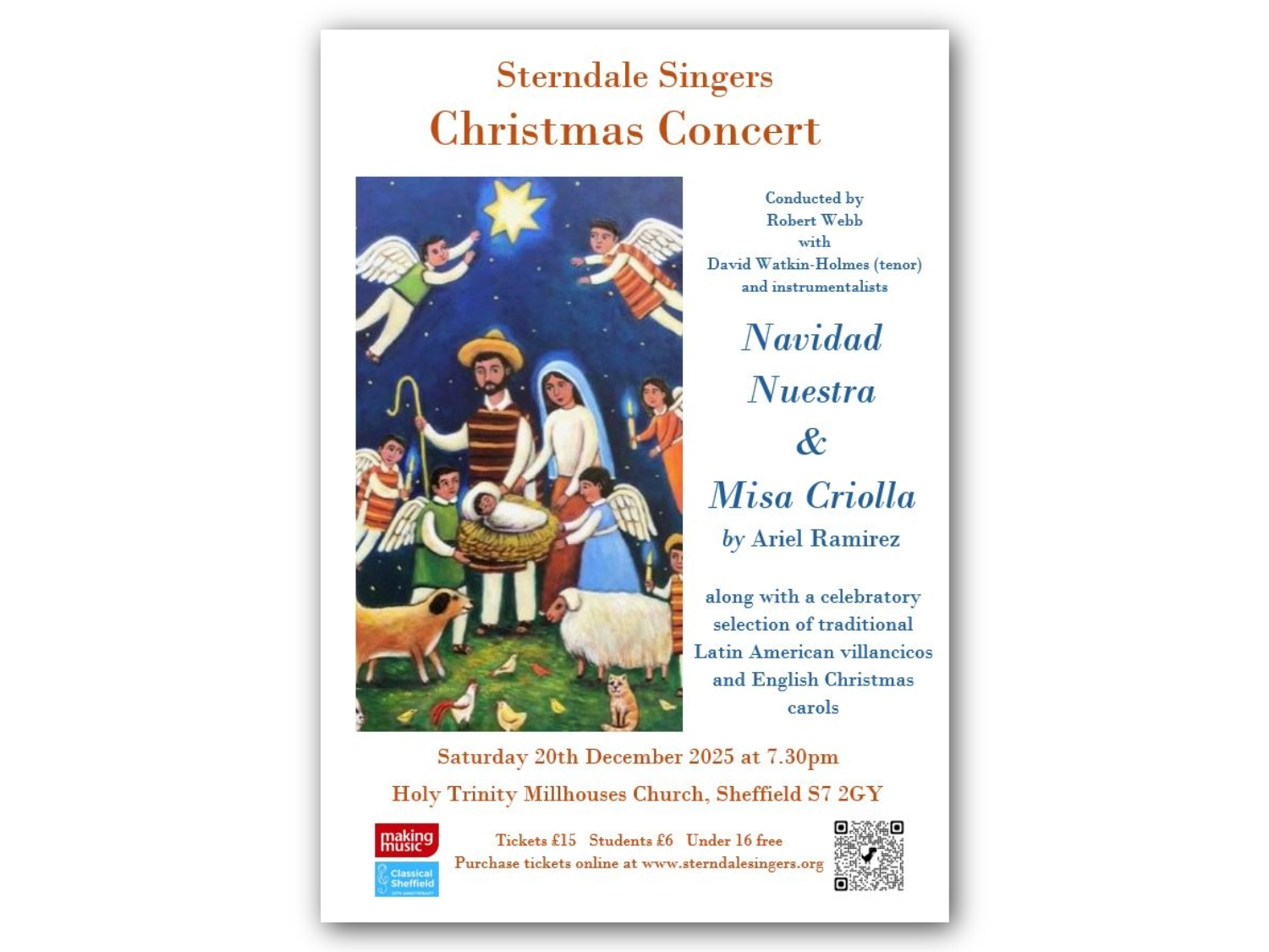 Poster for the Sterndale Singers Christmas Concert featuring an illustrated nativity scene with angels, shepherds, and animals. Text details include: ‘Sterndale Singers Christmas Concert,’ conducted by Robert Webb with David Watkin-Holmes (tenor) and instrumentalists. Program includes Navidad Nuestra and Misa Criolla by Ariel Ramirez, plus traditional Latin American villancicos and English Christmas carols.