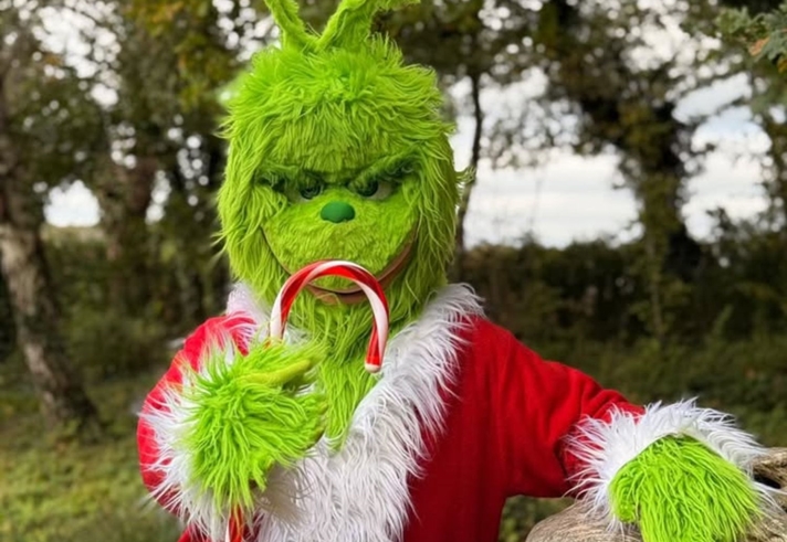 A person in a Grinch costume holding a candy cane.