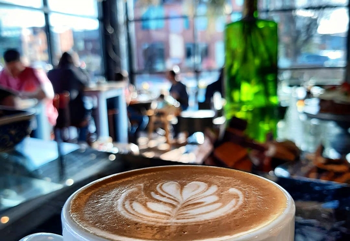 Close-up of a cappuccino at The Grind Café.