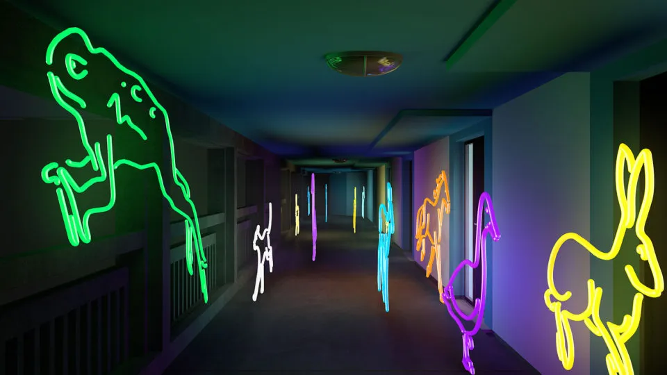 A corridor with various animals picked out in neon lights on the walls, including a frog, a rabbit and a duck.