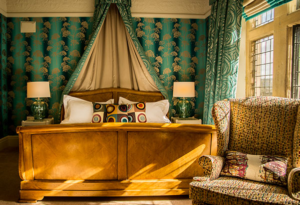 A bedroom at Fischer’s Baslow Hall, an award-winning, stylish, boutique country house hotel and restaurant.