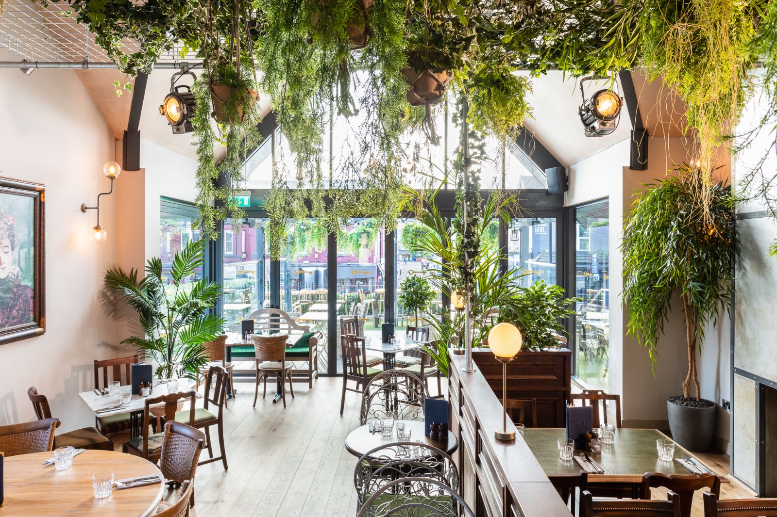 Interior of The Lost & Found, there are lots of hanging plants trailing down from the ceiling.