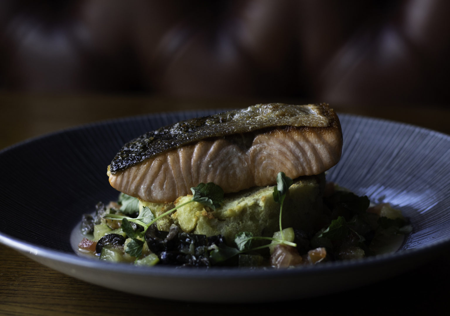 A dish of cooked salmon.