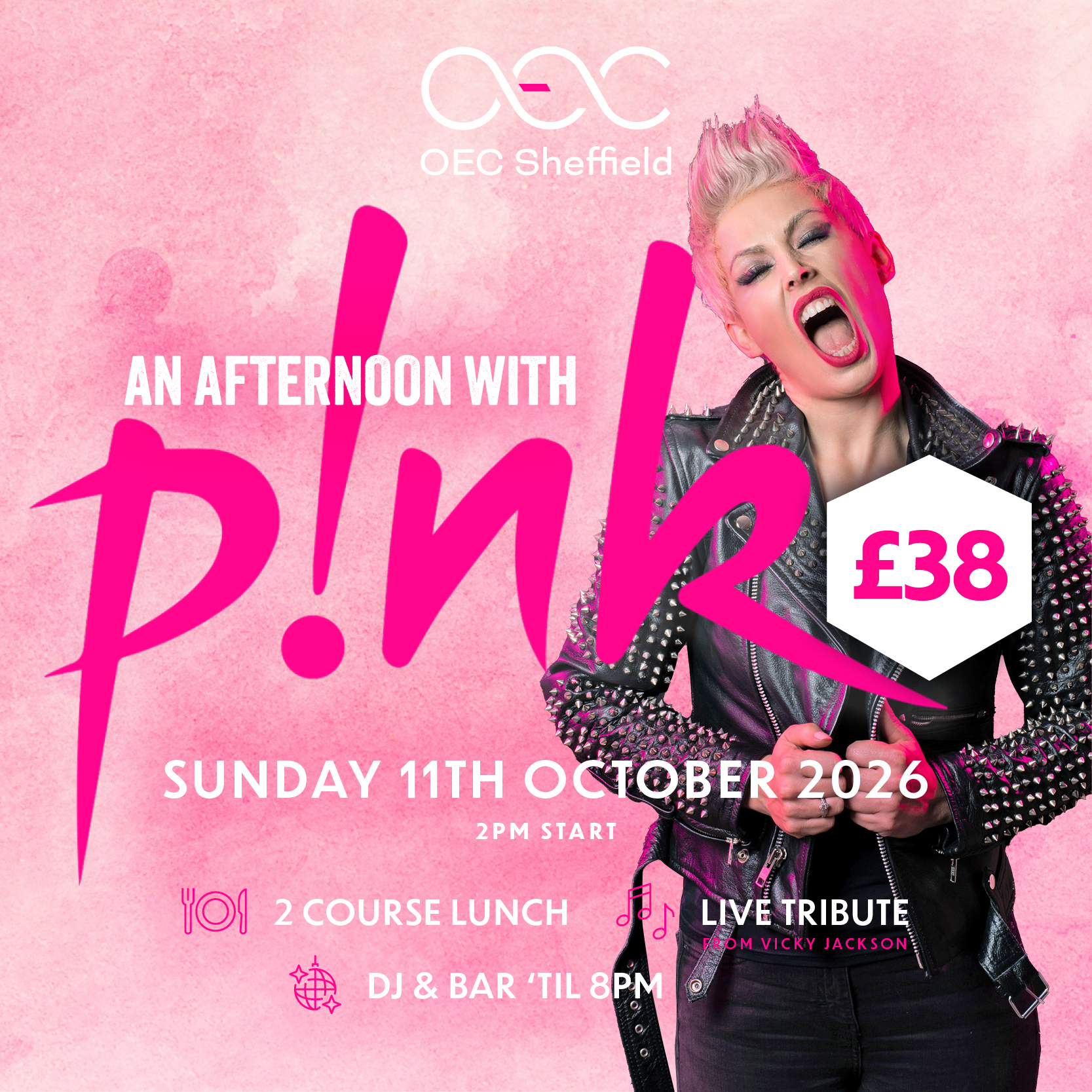 Promotional poster for 'An Afternoon with P!nk' at OEC Sheffield, featuring a performer with a punk hairstyle and studded leather jacket singing passionately. Event details: Sunday 11th October 2026, 2 PM start, £38 ticket includes 2-course lunch, live tribute by Vicky Jackson, DJ and bar until 8 PM.