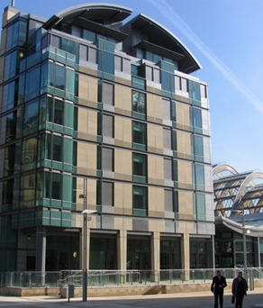 The exterior of Mercure Sheffield St Paul & Hotel Spa seen fro the Millennium Square.