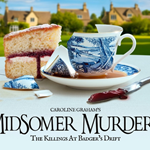 Promo poster for Midsomer Murders: The Killings at Badger's Drift, which has a slice of sponge cake and a cup of tea laid out on a white table cloth in an English country garden. The tea cup is broken and the tea has spilled out into the saucer and onto the table cloth. There is a knife on the table, covered in red jam which could be mistaken for blood.