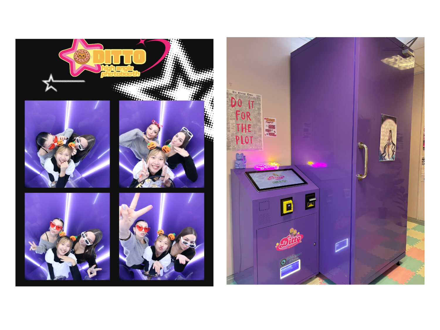 Photo booth collage on the left with four images of people posing playfully against a purple background with bright diagonal light beams, wearing fun props like sunglasses and headbands. Above the collage is a black banner with a pink star logo and “Ditto” in bold yellow letters. On the right is a purple photo booth machine with a touchscreen, card slot, and a poster on the wall behind it that reads “DO IT FOR THE PLOT.”