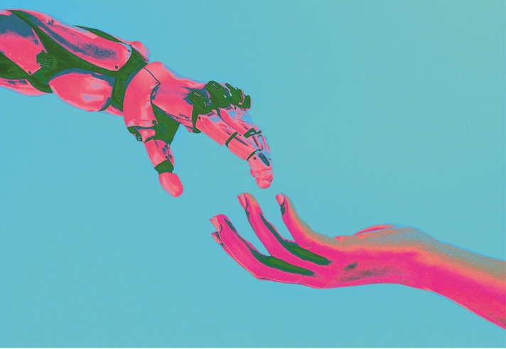 A human hand and a robot hand are reaching out to touch each other.